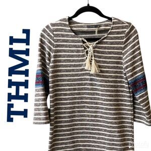 THML Striped Boho Dress XS Geometric Sleeve‎ Detail Lace-Up Tassel Southwestern
